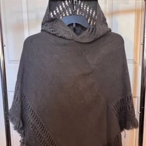 Chic Taupe Hooded Knit Poncho - Picture 1 of 5